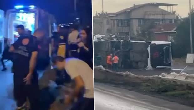 Büyükçekmece’de havalimanı personelini taşıyan servis otobüsü devrildi: 18 yaralı