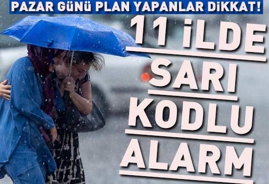 PAZAR GÜNÜ PLAN YAPANLAR DİKKAT Meteorolojiden 11 il için sarı alarm Kuvvetli yağış ve rüzgar geliyor PAZAR GÜNÜ PLAN YAPANLAR DİKKAT Meteorolojiden 11 il için sarı alarm Kuvvetli yağış ve rüzgar geliyor