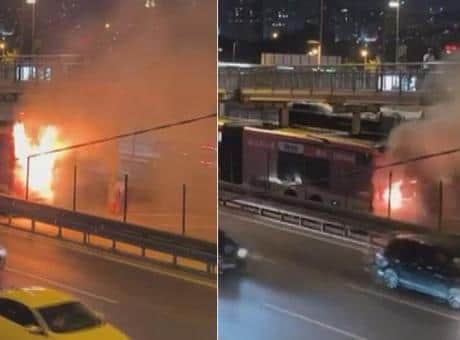 Kağıthane'de faciadan dönüldü! Seyir halindeki metrobüs alev aldı; yolcular tahliye edildi Kağıthane'de faciadan dönüldü! Seyir halindeki metrobüs alev aldı; yolcular tahliye edildi