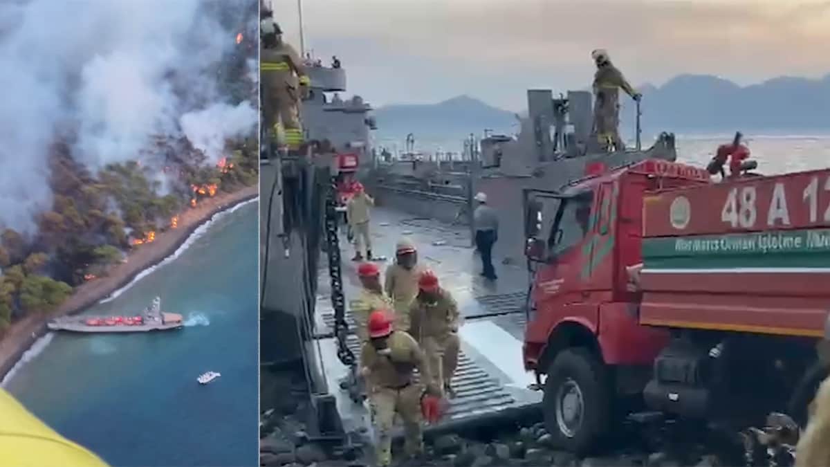 Marmaris'te orman yangını. Arazözleri çıkarma gemileri taşıdı Marmaris'te orman yangını. Arazözleri çıkarma gemileri taşıdı