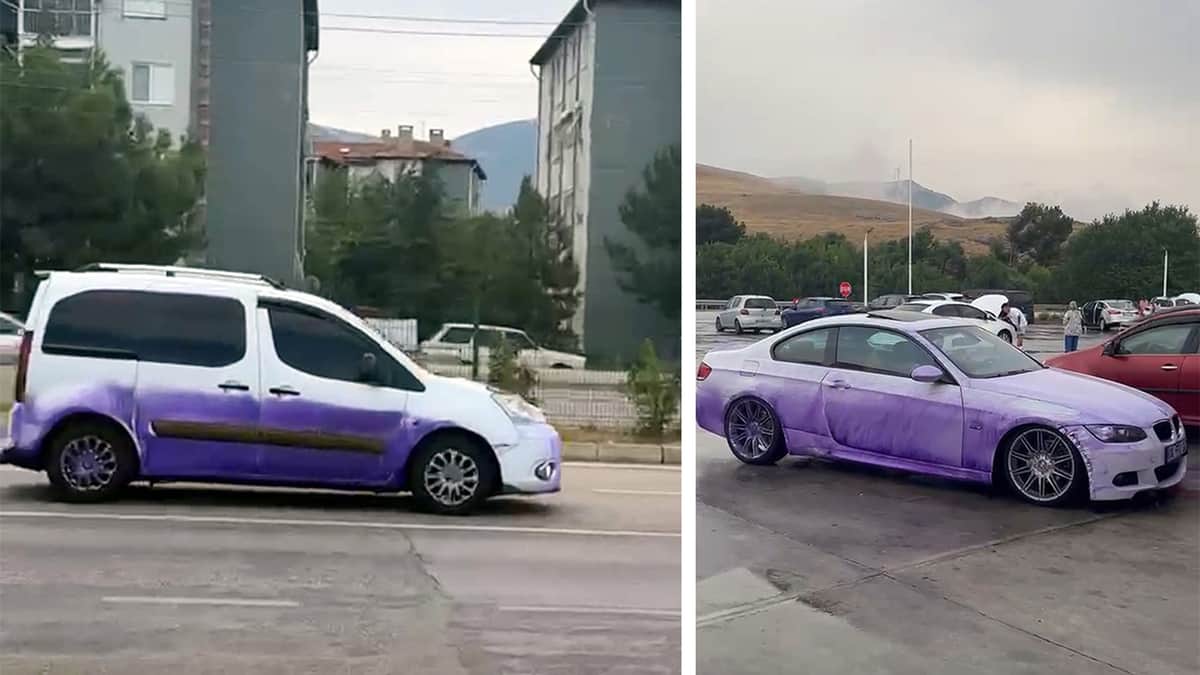 Geçenin aracını mor renge boyayan yol. Olayın sorumlusu bulundu Geçenin aracını mor renge boyayan yol. Olayın sorumlusu bulundu
