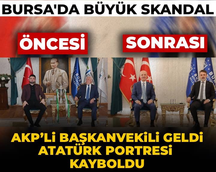 Bursa’da büyük skandal! AKP’li Başkanvekili geldi, Atatürk portresi kayboldu Bursa’da büyük skandal! AKP’li Başkanvekili geldi, Atatürk portresi kayboldu